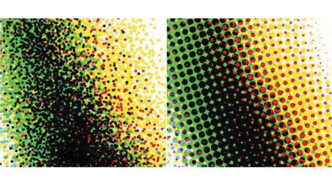 Figure 3.25 - Stochastic screening - Random placing of dots in stochastic screening compared to AM (or conventional) screening