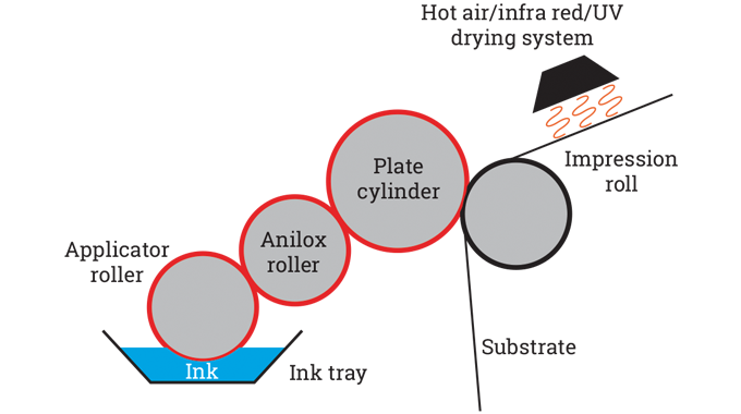 Figure 6.4 - Schematic of a flexo print unit. In UV flexo configuration a UV dryer station would follow this unit