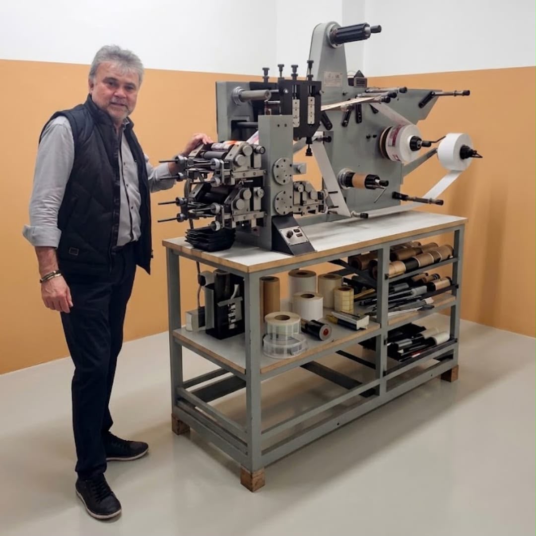 Grif owner Francisco Paz with the company’s first CI flexo press, installed in 1988