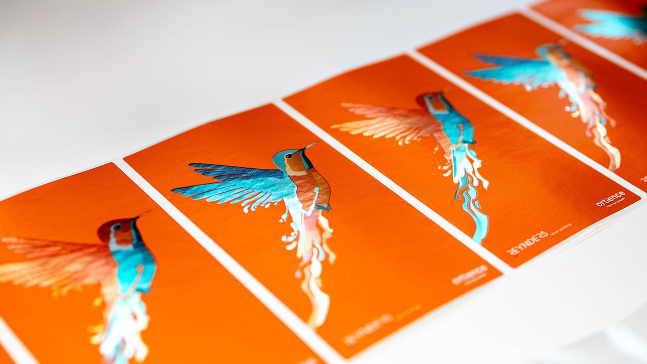 Brightly colored labels feature an artistic image of a hummingbird