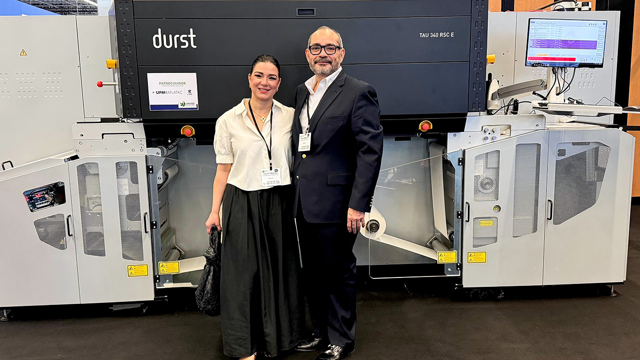 Joel Serrato of Valley and his wife Dalia Treviño with the Durst Tau press bought at Labelexpo Mexico 2025