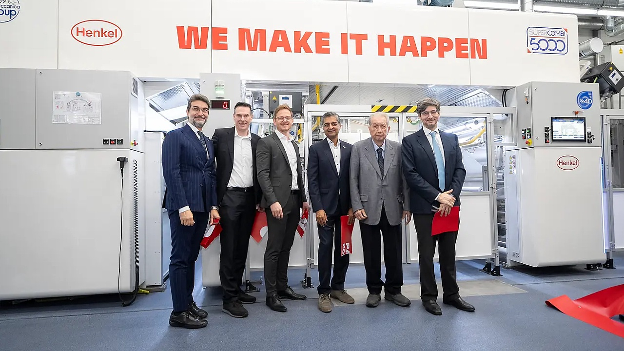 Opening of the Packaging Competence Center (L-R): Vincenzo Cerciello of Nordmeccanica; Kai Ethner, Dirk Martin and Rajat Agrawal of Henkel; Antonio Cerciello and Alfredo Cerciello of Nordmeccanica.