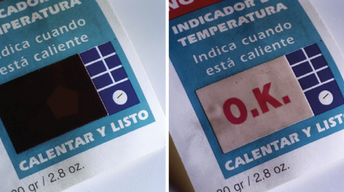 Figure 12.5 - Thermochromic inks that appear at predetermined temperature thresholds can indicate that a product has reached an ideal serving temperature or play an important role in security labeling