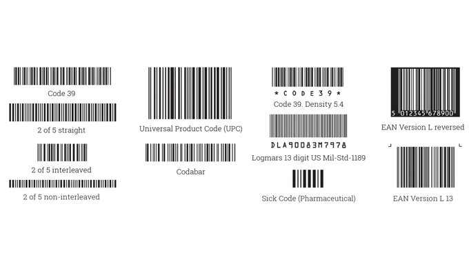 Figure 2.7 - Some of the many types of barcodes in common use