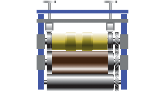 Figure 6.4 - A rotary hot foiling unit showing the heated die cylinder, anvil and assist rollers