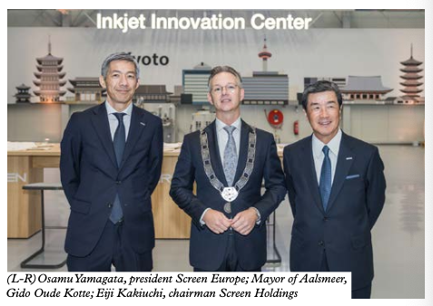 (L-R)OsamuYamagata, president Screen Europe; Mayor of Aalsmeer, Gido Oude Kotte; Eiji Kakiuchi, chairman Screen Holdings