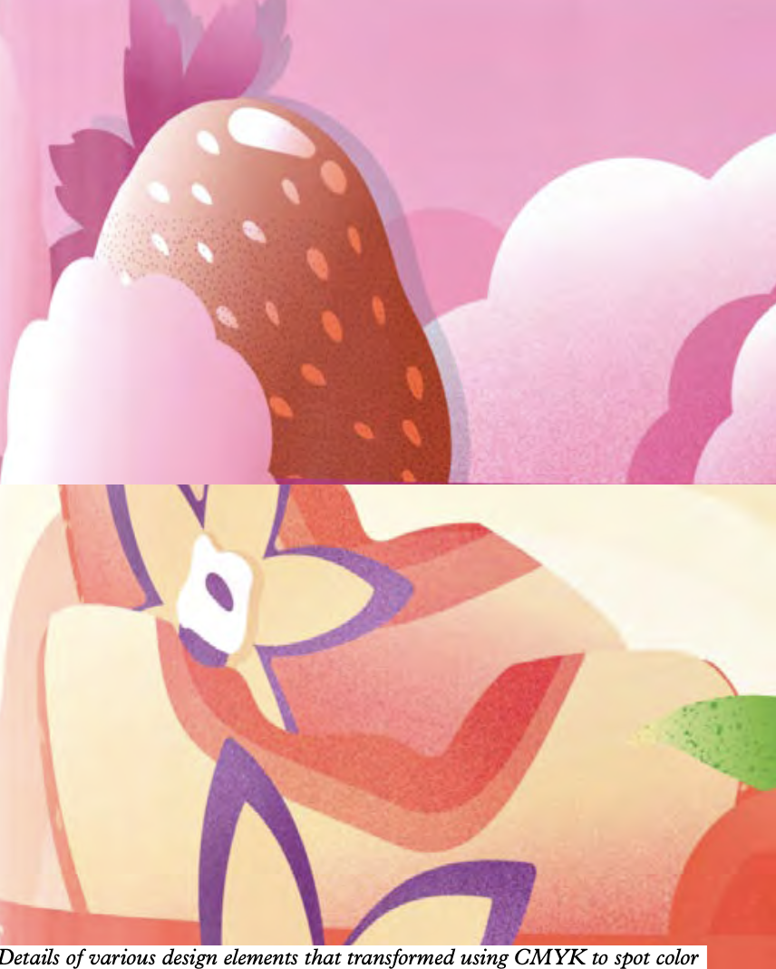 Details of various design elements that transformed using CMYK to spot color