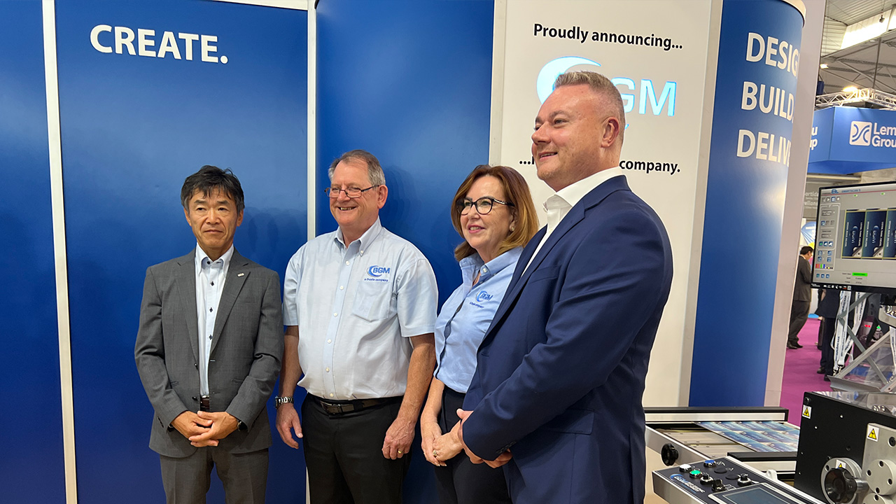 Hideo Tanaka, president of the Duplo Corporation; Bill and Annemarie Rhodes, founders of BGM and Adam James, newly appointed managing director of BGM at Labelexpo Europe 2025.