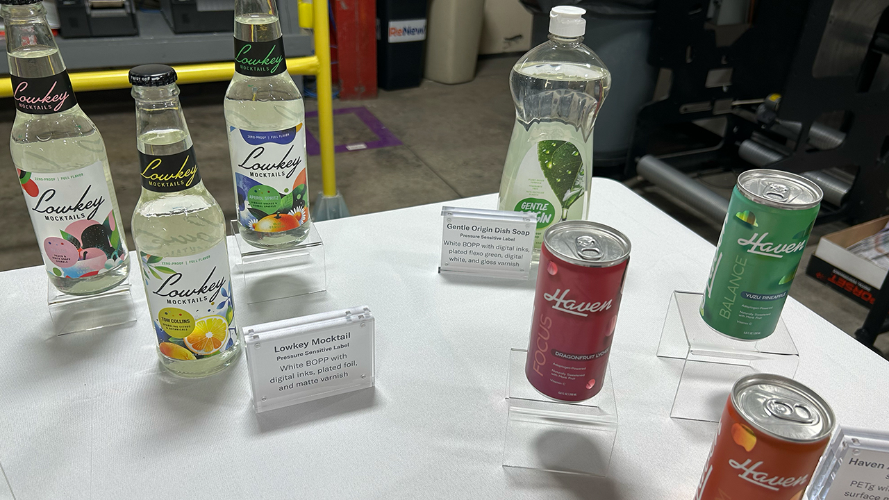 A table display of Steinhauser label and shrink sleeve products