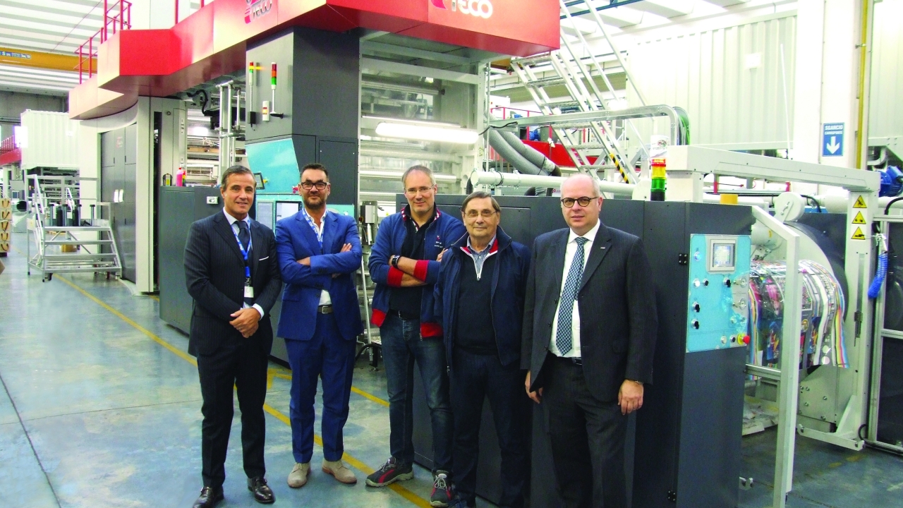 Pictured (from left): Paolo Nascimbeni, AMS Europe; Marco Mastandrea, Flint Inks, Italy; Moreno Melegatti, Uteco printing department manager; Pino De Gradi, La Gerunda Merletti managing director; Davide Cucinella, Uteco CMO