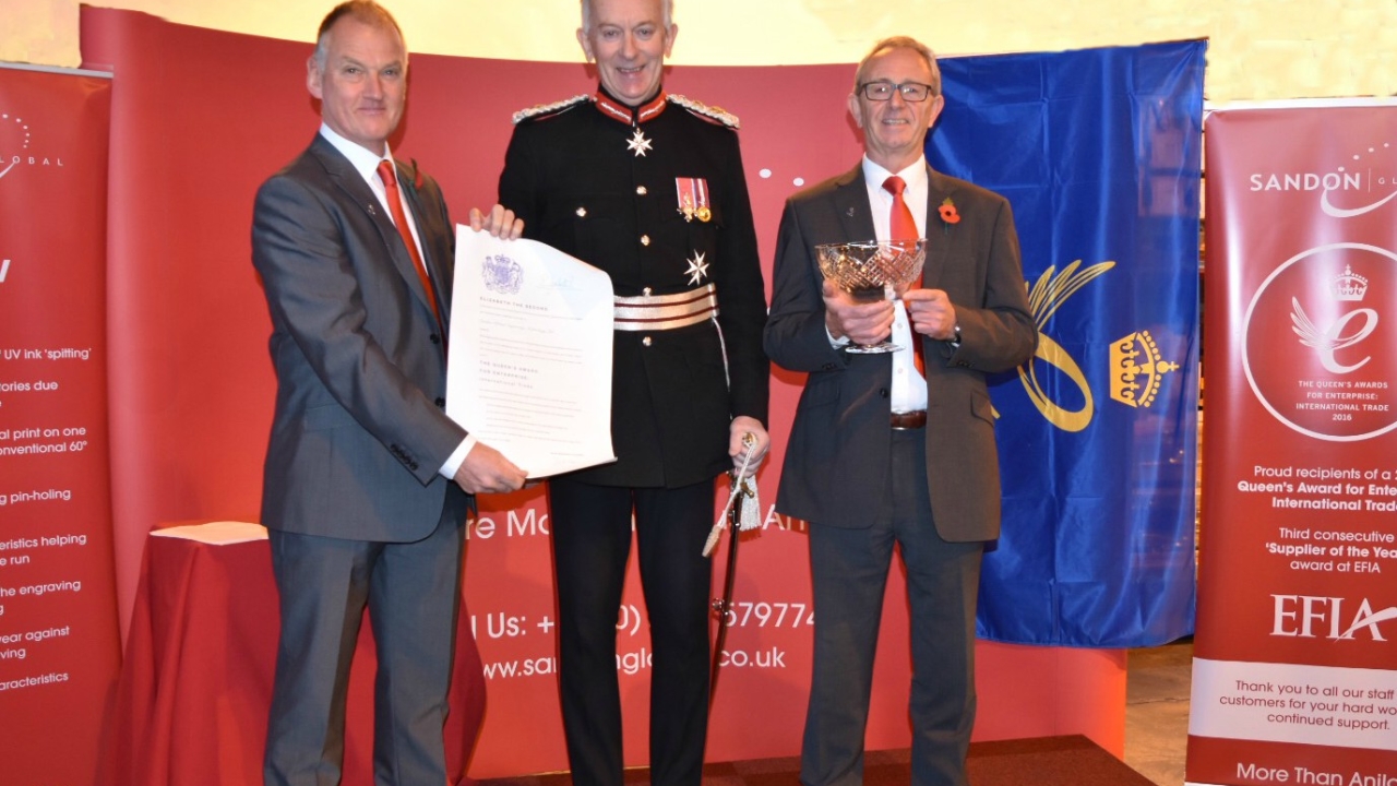 The Lord-Lieutenant presents Queen’s Award to Sandon Global. L-R: Nigel Hedges, Lord-Lieutenant David Briggs, John Millington