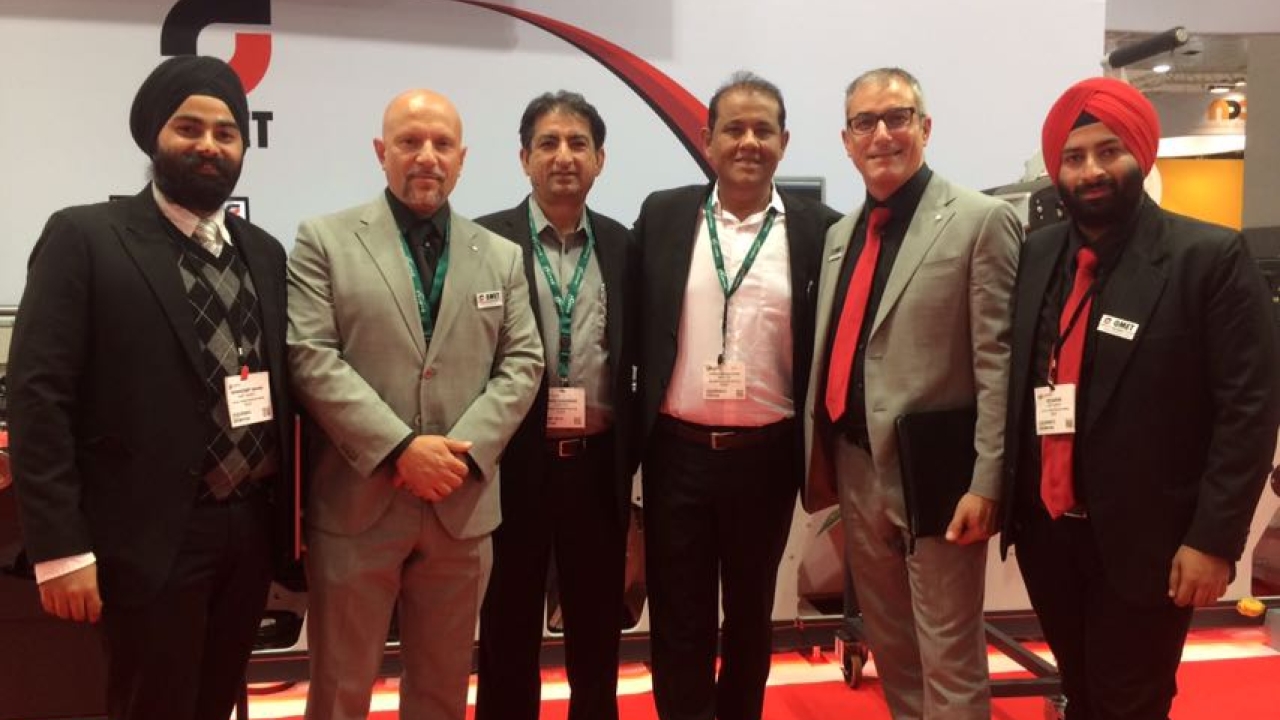 L to R: Pawandeep Sahni of Weldon Celloplast; Antonio Bartesaghi of Omet; Sumesh Anandani and Yogesh Sahani of Bullion Flexipack and Oriaana Decorpack; with Paolo Grasso of Omet and KD Sahni of Weldon Celloplast at Labelexpo Europe 2017