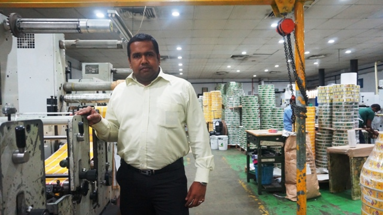 Subramaniam Eassuwaren, owner, T Print with Mark Andy 2200 press at his factory in Colombo