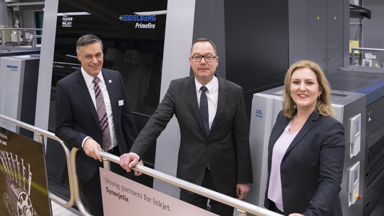 Pictured (from left): Thomas Heissler, global account manager, Heidelberg; Götz Schümann, managing director of the MPS Obersulm manufacturing facility; Montserrat Peidro-Insa, head of digital sales and sheet-fed digital general manager, Heidelberg