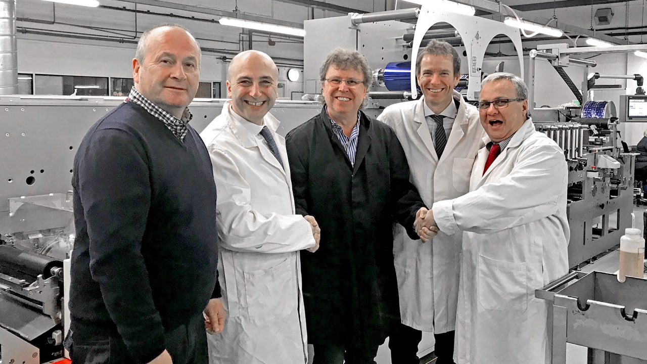 Pictured (from left): Andy Riggs, Label Express director; Maurizio Trecate, sales director, narrow and mid web multi-process printing and converting, Bobst Firenze; Mark Freestone, Label Express director; Giorgio Deliziosi, area sales manager, narrow and mid web multi-process printing and converting, Bobst Firenze; Keith Robson, managing director, Global Print Services Pictured (from left): Andy Riggs, Label Express director; Maurizio Trecate, sales director, narrow and mid web multi-process printing and converting, Bobst Firenze; Mark Freestone, Label Express director; Giorgio Deliziosi, area sales manager, narrow and mid web multi-process printing and converting, Bobst Firenze; Keith Robson, managing director, Global Print Services