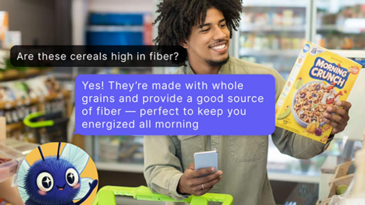 A man asks a cereal box if the cereal is high in fiber with the Cleo technology