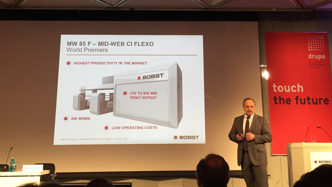 Bobst's MW 85 F mid web CI flexo press, which was first spoken about at the time of Labelexpo Europe 2015
