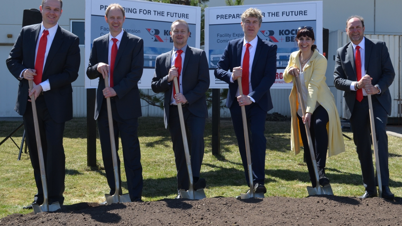Pictured (from left): The Kocher+Beck USA management team of Daniel Grammatikos, Makus Seeger, David Morris and Jim Ward (far right) with Lars Beck and Anja Beck at the groundbreaking ceremony at its manufacturing facility in Lenexa, Kansas