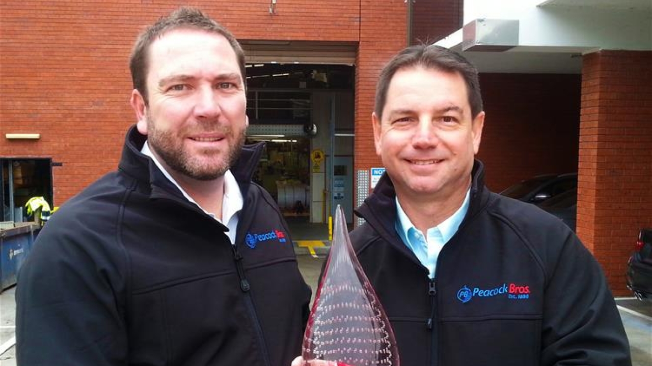 Peacock Bros general manager Ryan McGrath (left) receiving the 2016 Excellence award from George Pecchiar, Honeywell Australian southern region sales manager
