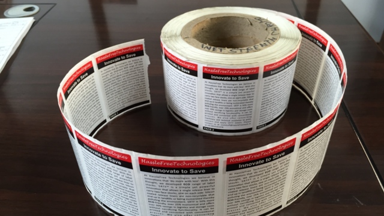 Sample of SRTF labelstock technology that HassleFree Technologies will showcase at Labelexpo Europe 2015 