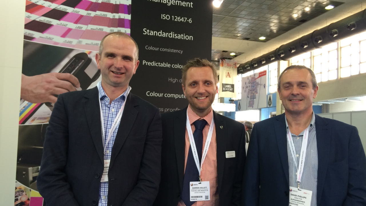Left to right: Wesley Moodey, Alphagraphics; Darren Hallett, international technical sales manager, Pulse Roll Label Products; David Phillips, Alphagraphics
