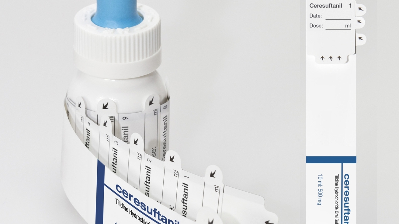 The 10-part label, which is wrapped around a container, can be easily opened and resealed by users The 10-part label, which is wrapped around a container, can be easily opened and resealed by users