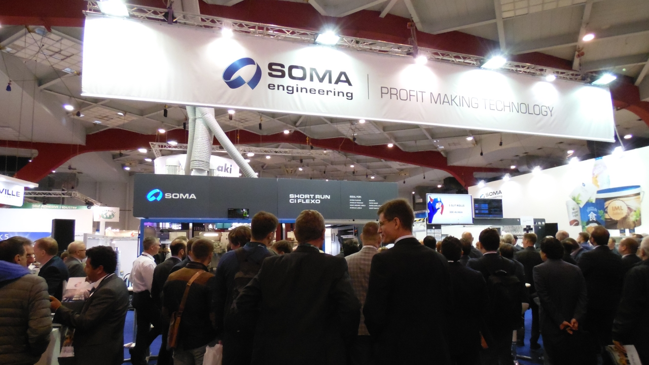 Soma's stand at Labelexpo Europe 2015 was busy for its inaugural presentation of the Optima mid web CI flexo press
