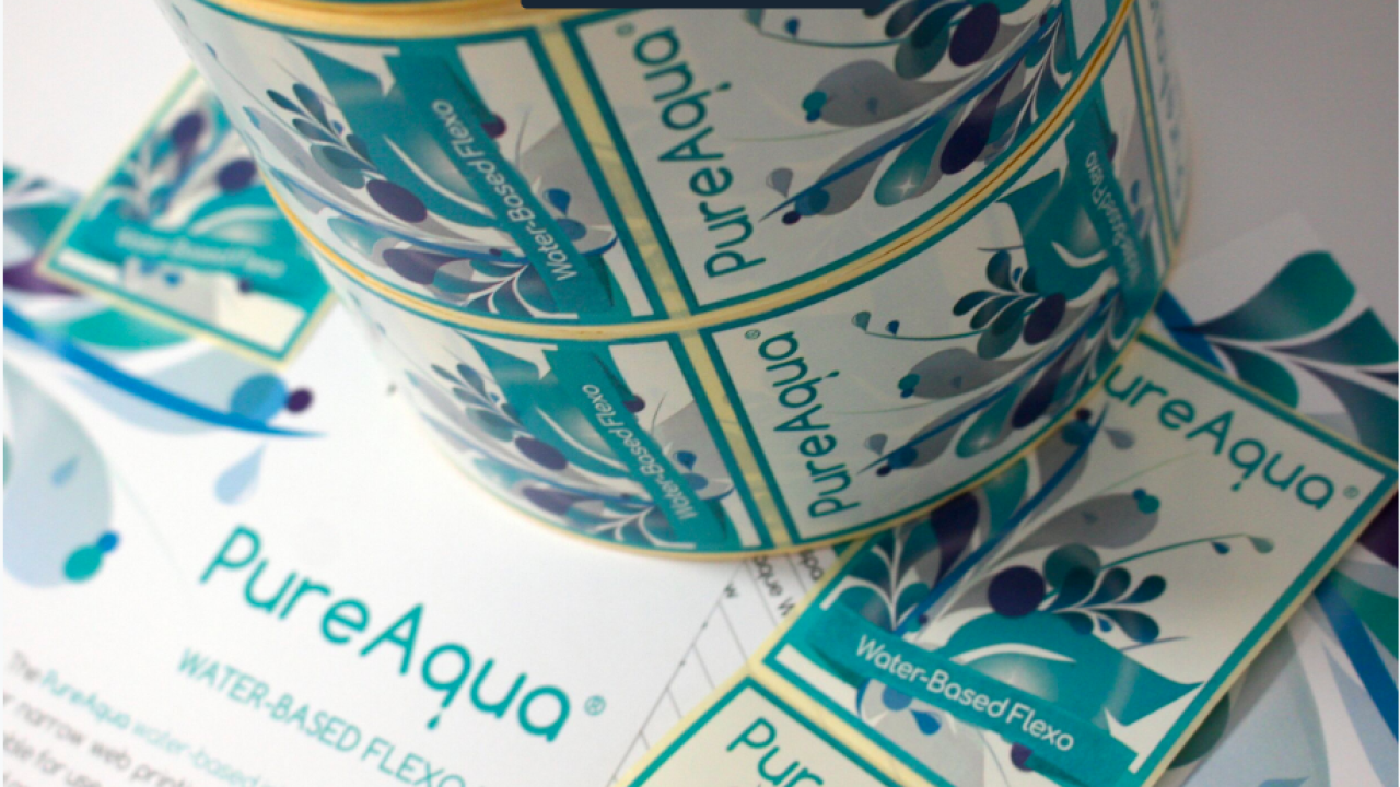 PureAqua is a water-based flexo ink system designed for narrow web printing of self-adhesive labels