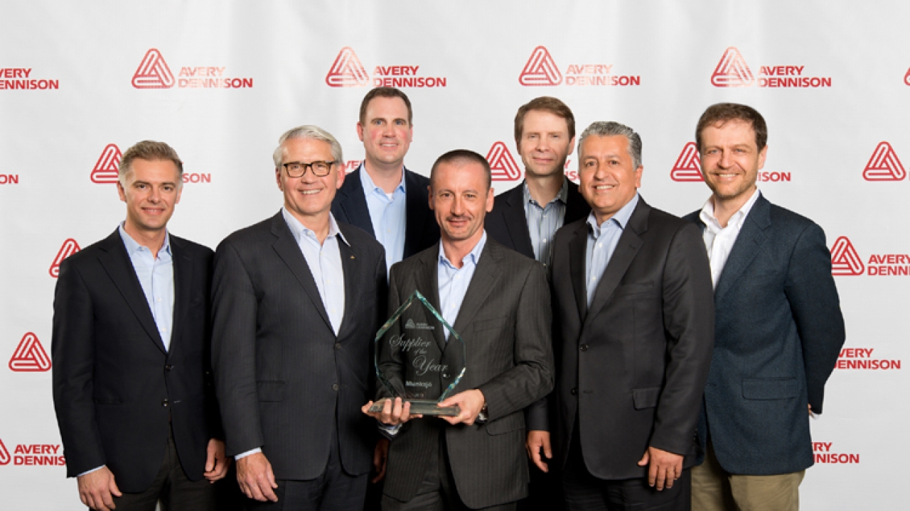 From left: Marco Troglia, vice-president of sales and marketing for release liners at Munksjö; Dean Scarborough, chairman, president and chief executive officer of Avery Dennison; John Klein, global vice-president for procurement at Avery Dennison; Daniele Borlatto, executive vice-president and president for release liners at Munksjö; Don Nolan, president of Avery Dennison Materials Group; Luciano Neves, sales director at Munksjö; Marco Martinez, product manager for release liners and sustainability at Munk