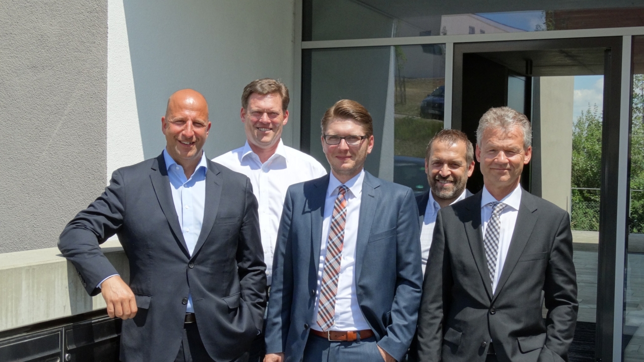Pictured (from left): Jürgen Welle and Markus Pieper of Print Concept Grafische Maschinen, Mark Andy’s Timo Donati, Roland Beck of Print Concept Grafische Maschinen and Graphic Team’s Peter Reiter