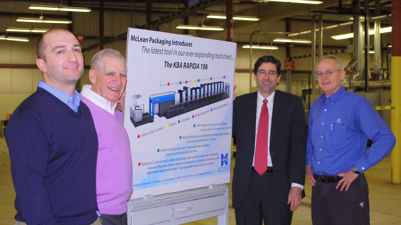 Pictured (from left): Jeff Besnick, vice-president and general manager of the McLean Packaging Moorestown facility, Fenkel and Edward Heffernan, KBA sales representative, along with Watts
