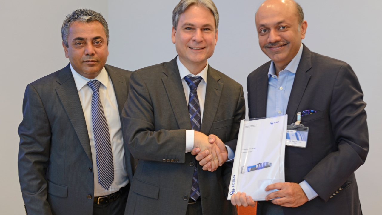 Pictured (from left): KBA sales engineer Bhupinder Sethi; KBA sales director Dietmar Heyduck; and Saket Kanoria, TCPL Packaging chief executive officer Pictured (from left): KBA sales engineer Bhupinder Sethi; KBA sales director Dietmar Heyduck; and Saket Kanoria, TCPL Packaging chief executive officer