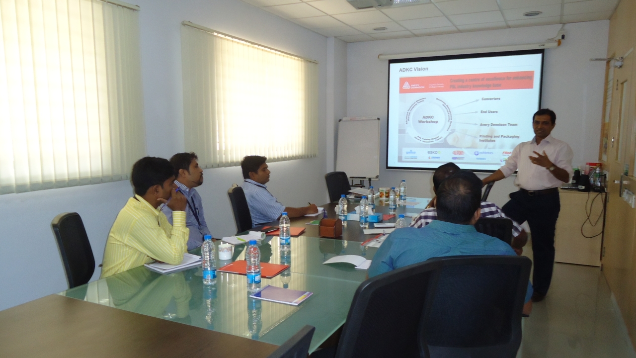 Naveen Serrao is seen training professionals from the label industry at the Avery Dennison Knowledge Center in Bengaluru, India