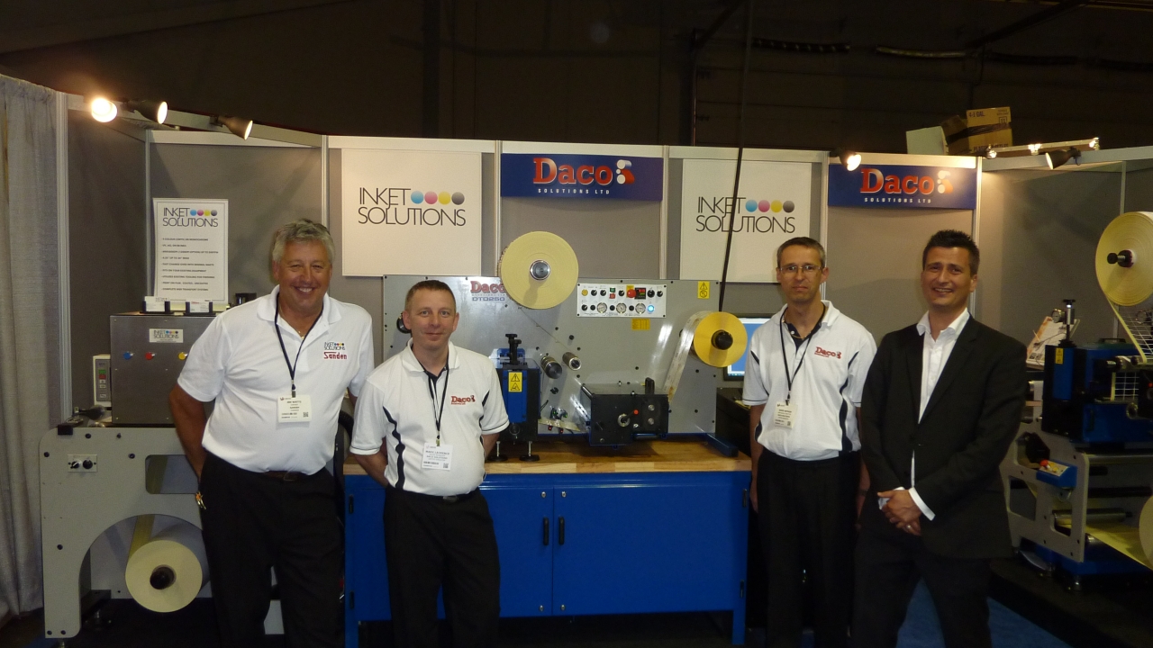 Pictured L-R: Jim Watts, Sanden Machine; Mark Laurence and David Beynon, both of Daco Solutions; and John Richardson, Inkjet Solutions 