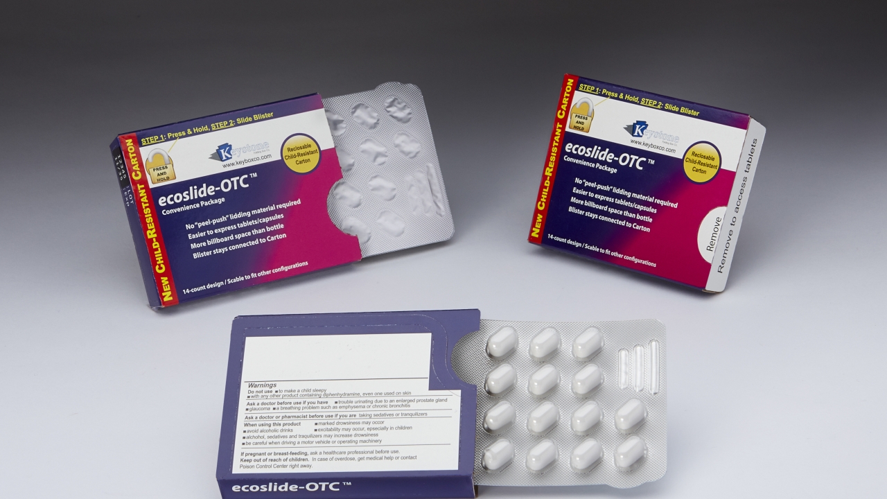In developing Ecoslide-OTC, Keystone Folding Box worked closely with contract packers, who are now reporting growing requests from major retail chains for new and innovative approaches to child-resistant OTC packaging In developing Ecoslide-OTC, Keystone Folding Box worked closely with contract packers, who are now reporting growing requests from major retail chains for new and innovative approaches to child-resistant OTC packaging