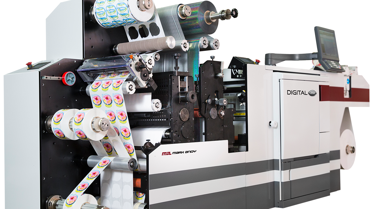 Digital One is an entry-level, small footprint dry toner label press featuring in-line converting and finishing, flexo decoration and digital print