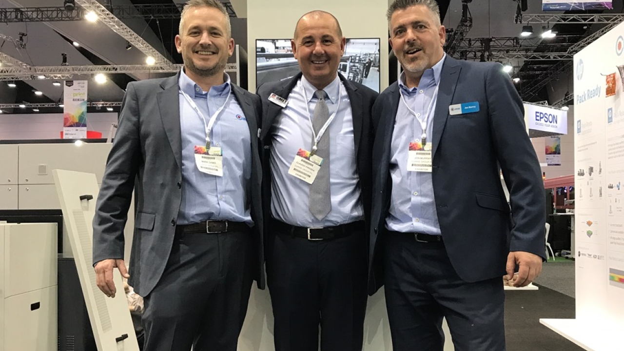 Pictured (from left): Mark Daws, Currie Group labels and packaging division general manager; Omet area sales manager Claudio Piredda; and Currie Group technical manager Jon Murray, pictured at PacPrint 2017