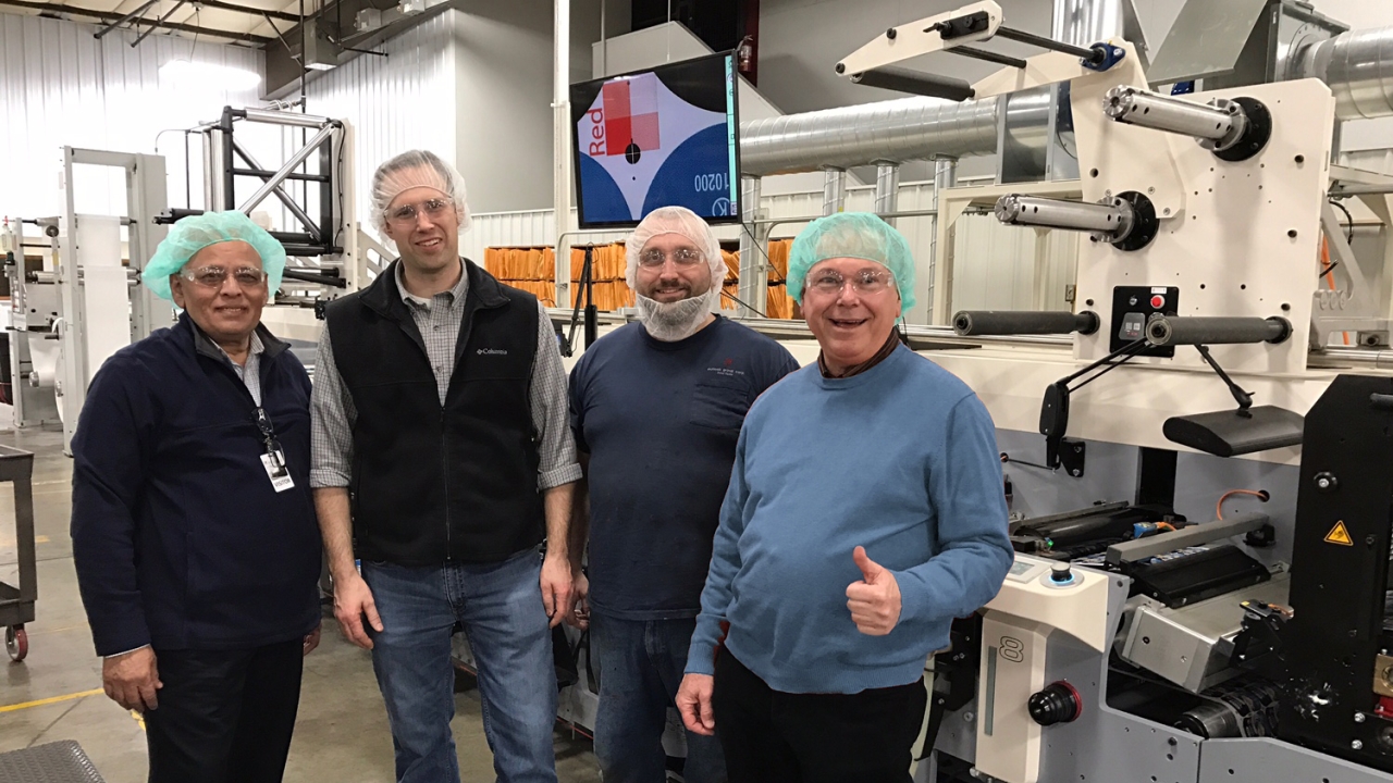 Pictured L-R: Dilip Shah, MPS Systems North America; Brett Peters, senior process engineer, Outlook Group; Dave Struensee, production operator, Outlook Group; Denny McGee, MPS Systems North America