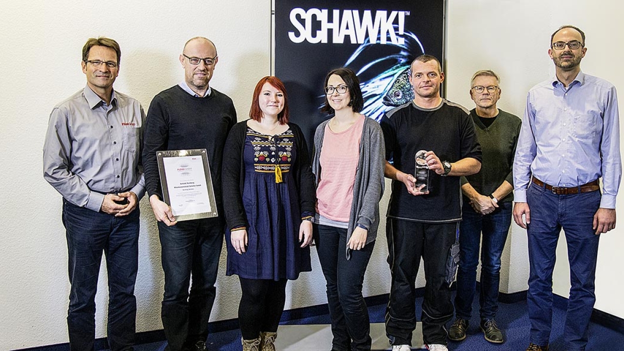 Pictured (from left): The Schawk Nuremberg team of Frank Brief, Ann-Kathrin Gracklauer, Nina Göhler, Tobias Schwarz and Ludwig Haas receive the FlexoExpert certification from Flint Group’s Thomas Leuschner (far left) and Maximilian Thate (far right)
