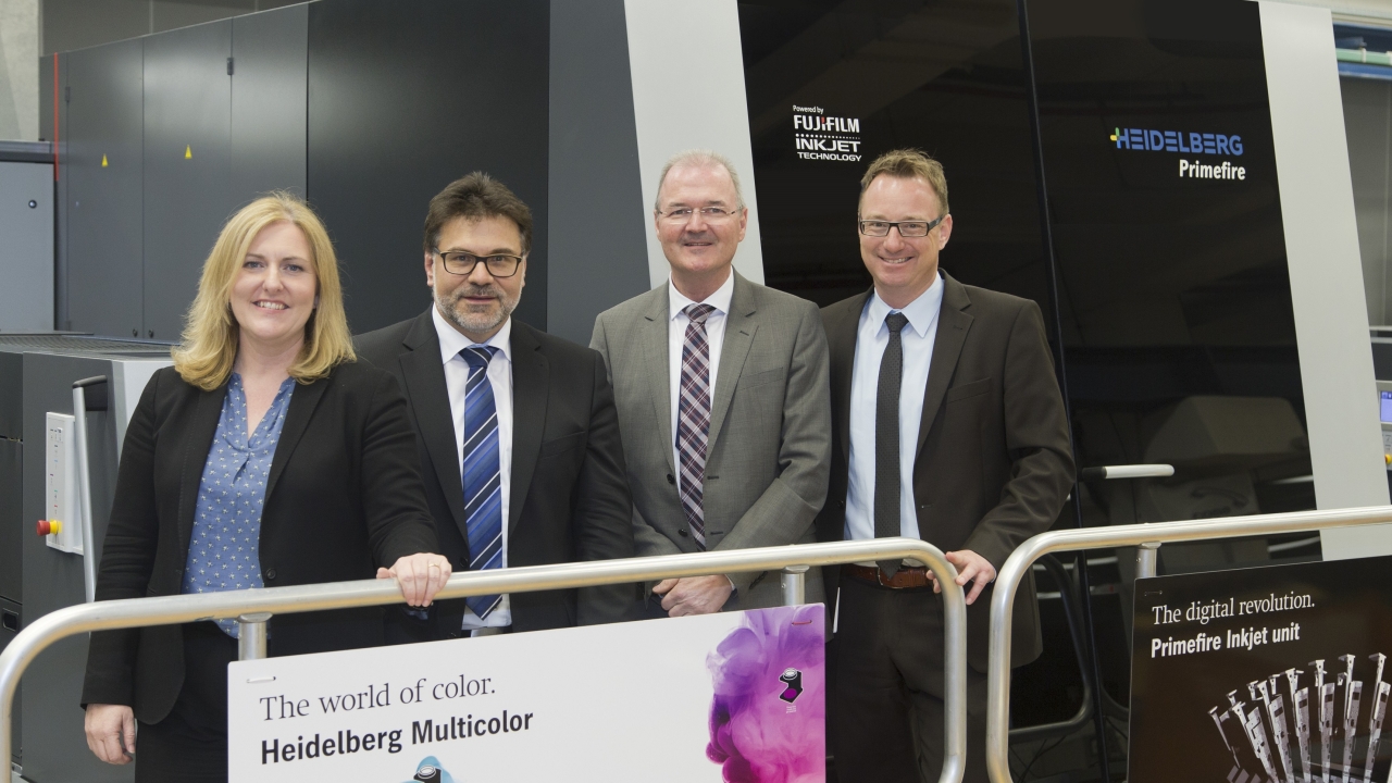 Pictured (from left): Montserrat Peidro-Insa, Heidelberg; Thomas Pfefferle and Martin Bruttel, both managing directors at colordruck Baiersbronn; and Sascha Knabe, Heidelberg Germany Pictured (from left): Montserrat Peidro-Insa, Heidelberg; Thomas Pfefferle and Martin Bruttel, both managing directors at colordruck Baiersbronn; and Sascha Knabe, Heidelberg Germany