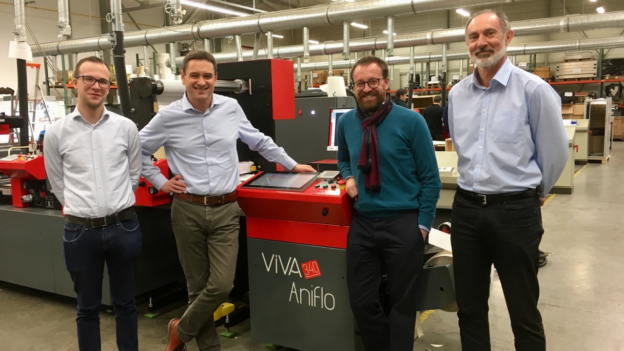 Pictured (from left): Niels Soenen, commercial sales manager, and Pieter Dewaele, founder and managing director, DewaFlex; and Benoit Demol, president, and Jean-Claude Léger, sales engineer France/Benelux, Codimag