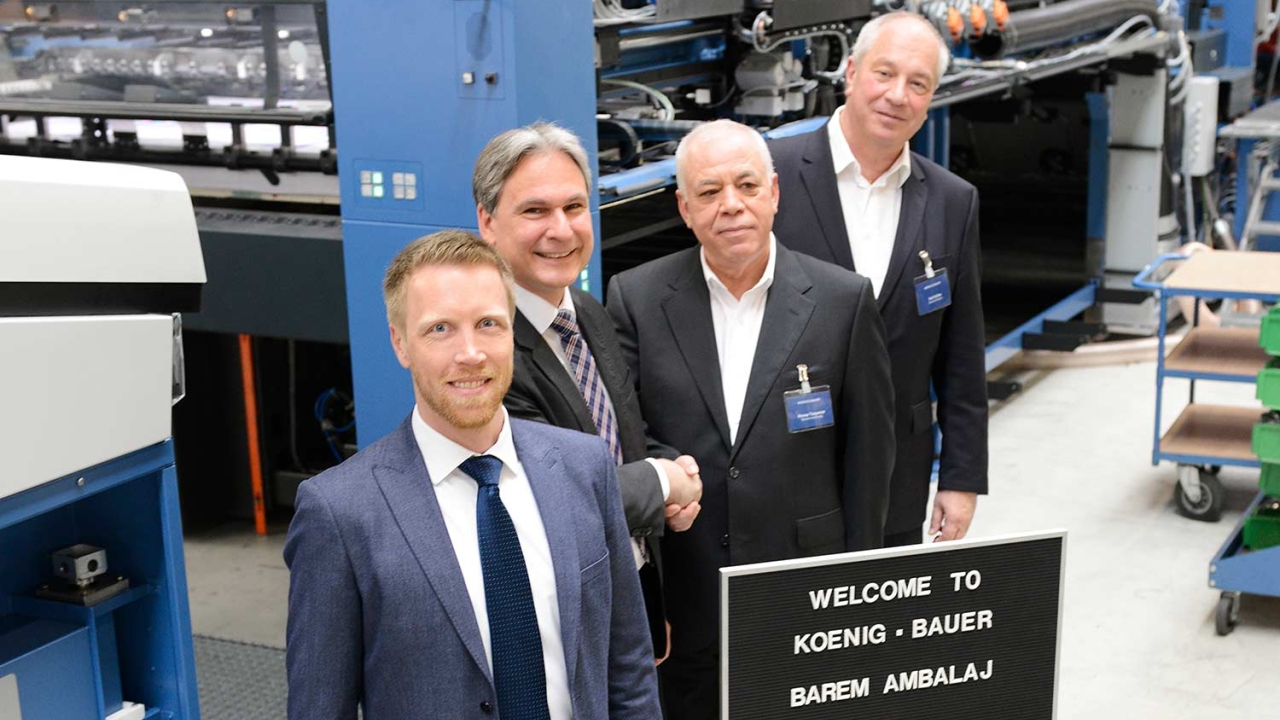 Pictured (from left): Felix Richter and Dietmar Heyduck, both from Koenig & Bauer; Recep Tasyanar, owner of Barem Ambalaj; and Rolf Köhle, sales director at Dereli Graphic, the local Koenig & Bauer sales partner