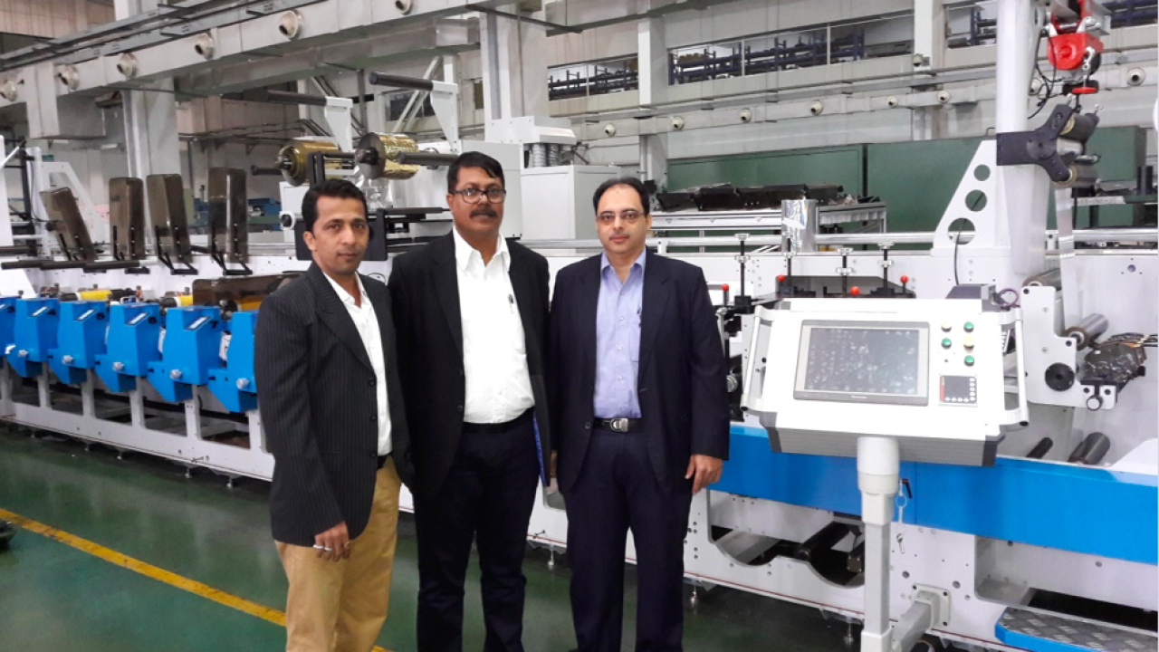 Gaurav Sachdev, vice president at Standard Printers Provider (extreme right) with Label Solutions in front of the Taiyo press installed at the factory