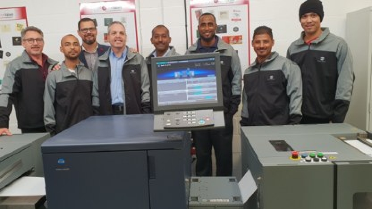 Sign & Seal Labels owner Henk Crous (left) and Konica Minolta South Africa's Leon Minnie and Dane Becker (third and fourth from left), alongside Sign & Seal Labels staff members Ryan Knowlden, Enver Pillay, Perry Como, Alvego Matthyse and Clint Scheepers