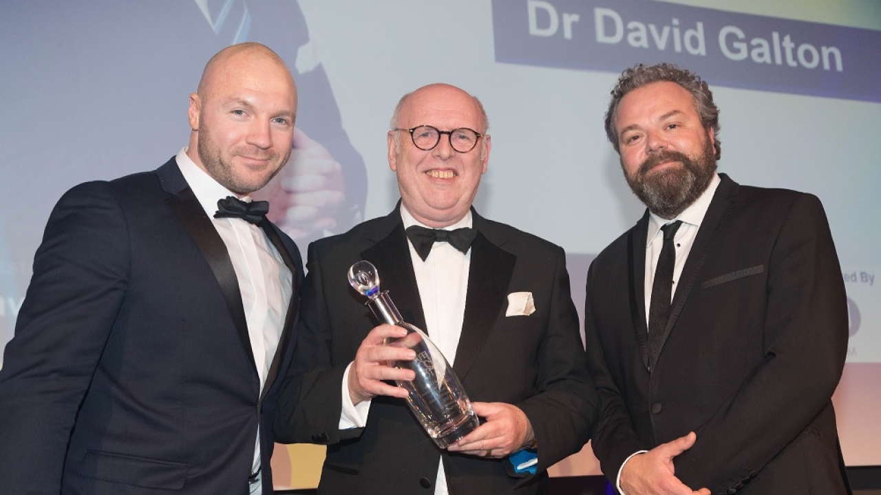 Left to right: Mark McKee, managing director, JFM Plates - he presented the award, Dr. David Galton, Hal Cruttenden