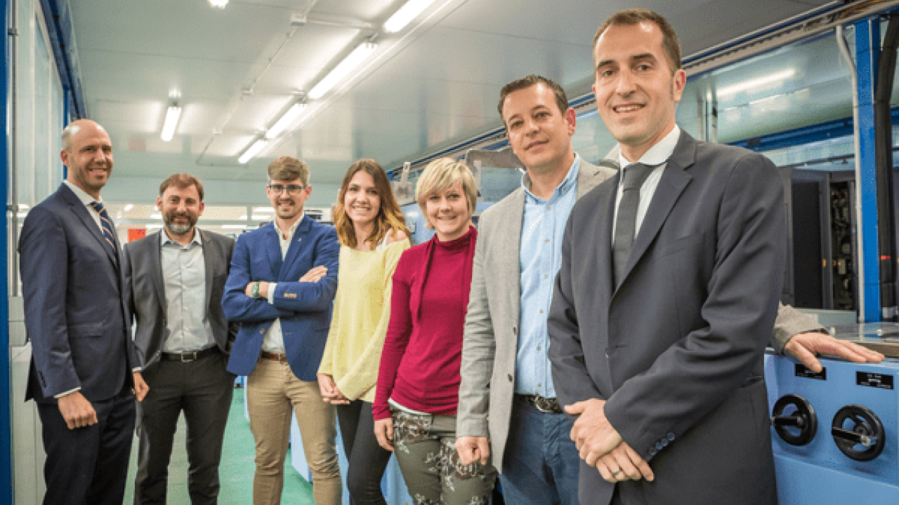 Pictured (from left): Enrique Rodríguez and David López, Miyakoshi Europe; Aitor Santamaría, Cristina Martínez, Belén Ezquerro and Diego Castillo, Etilisa; Michel Madoz, Miyakoshi Europe Digital printer adds offset to grow business