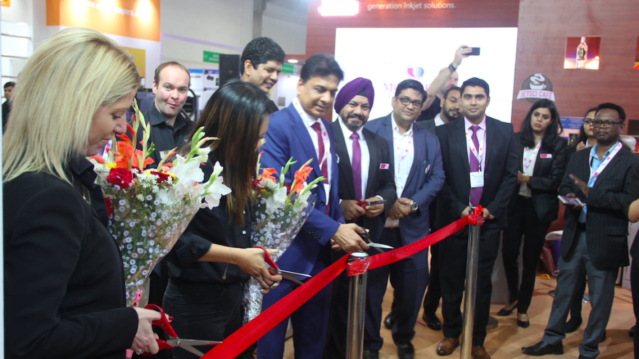 Lisa Milburn and Jade Grace of Tarsus alongwith T P Jain of Monotech launch the Colornovo press at Labelexpo India