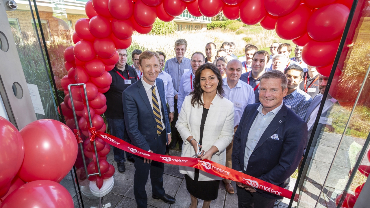 Pictured (from left): Clive Ayling, Meteor Inkjet managing director; Heidi Allen, MP; Gary Fry, CEO at Global Graphics