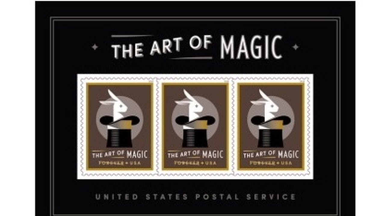 cThe featured product is a 3.7 x 5.1in collector’s edition souvenir stamp sheet that displays a real life magical effect. When rotating the stamp up and down, an illusion of a white rabbit rising out of an empty top hat then magically disappearing is visible