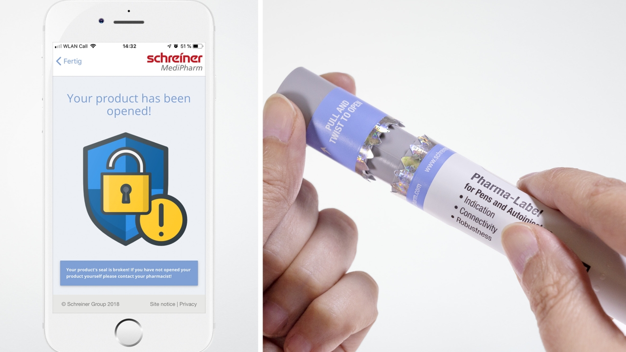 Schreiner MediPharm’s Autoinjector-Label product wraps around the autoinjector – including the cap – and has an integrated NFC chip that is easily read with a smartphone app
